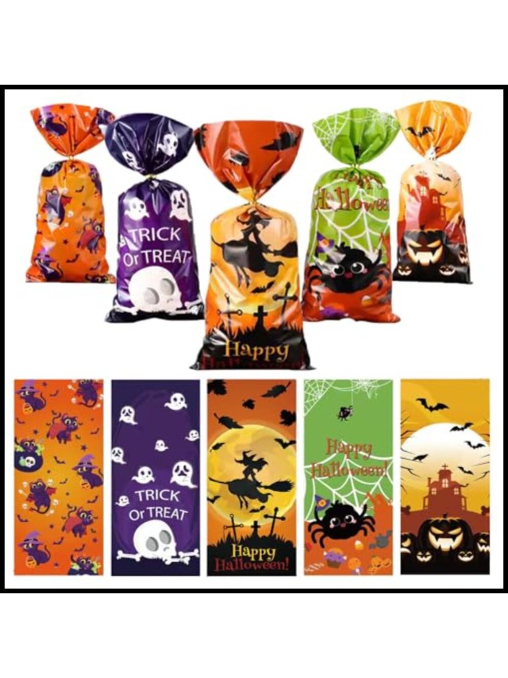 100 Pc Halloween Cellophane Treat Bags with Twist Ties Party Favor Goodie Bags